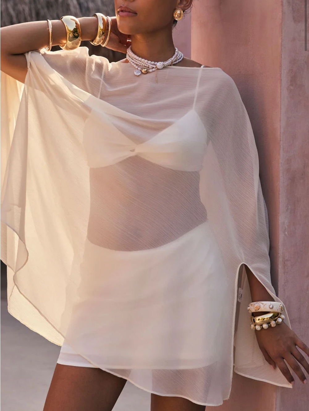 12th tribe Havana Ivory Chiffon Cape Dress